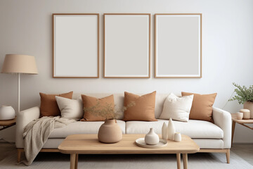 Three empty vertical picture frames in a modern living room with white sofa and beige pillows. Wall art mockup.
