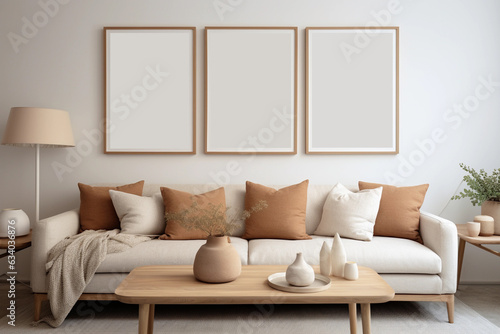 Three empty vertical picture frames in a modern living room with white sofa and beige pillows. Wall art mockup.