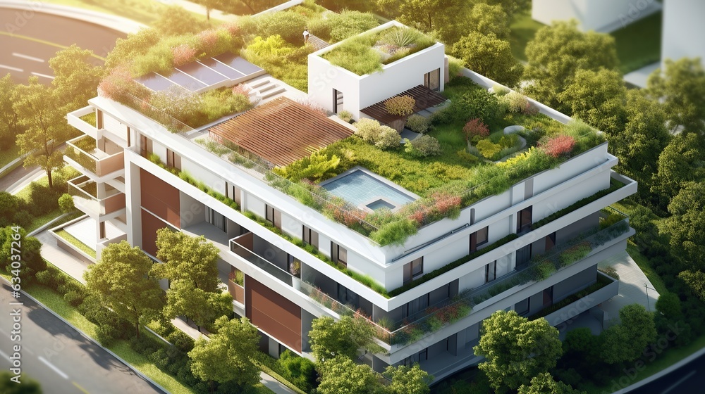 Modern residential district with green roof and balcony generative ai