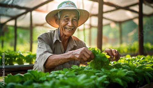 elderly asia farmer harvesting vegetables in greenhouse made with generative AI photo