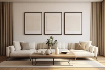 Three empty vertical picture frames in a modern living room with white sofa and beige pillows. Japandi interior. Wall art mockup.