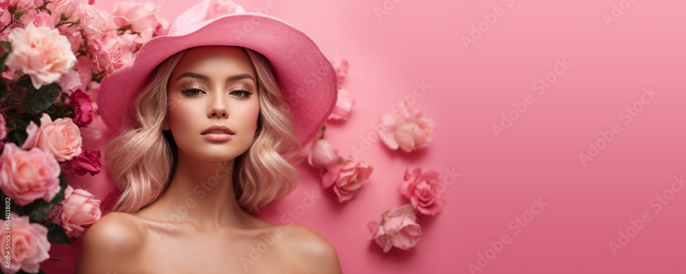 Beautiful girl with flowers. Stunning blonde girl with big bouquet flowers of roses. Closeup face of young beautiful woman with a healthy clean skin. Pretty woman with bright makeup