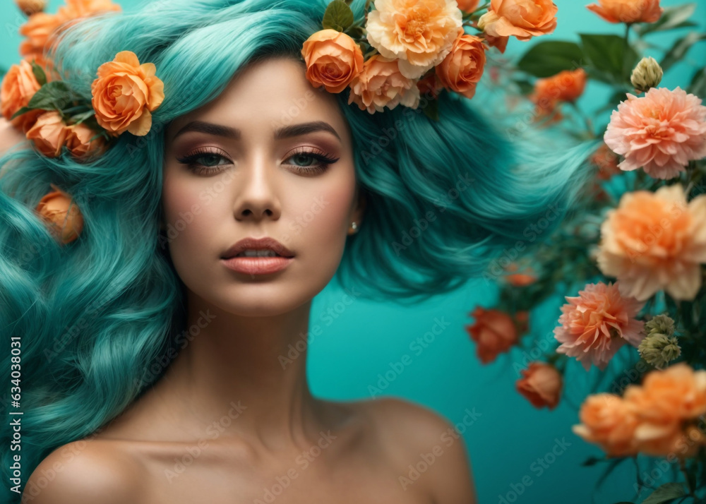 Beautiful girl with flowers. Stunning blue hair, girl with big bouquet flowers of roses. Closeup face of young beautiful woman with a healthy clean skin. Pretty woman with bright makeup