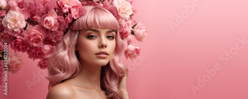 Beautiful girl with flowers. Stunning pink hair girl with big bouquet flowers of roses. Closeup face of young beautiful woman with a healthy clean skin. Pretty woman with bright makeup