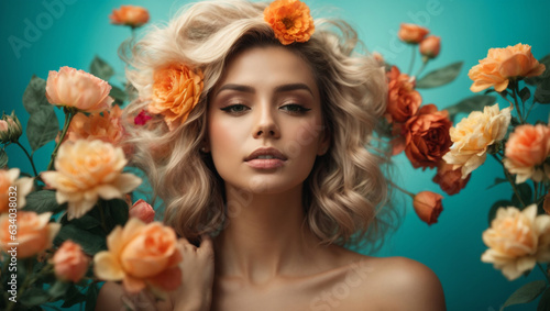 Beautiful girl with flowers. Stunning blonde girl with big bouquet flowers of roses. Closeup face of young beautiful woman with a healthy clean skin. Pretty woman with bright makeup