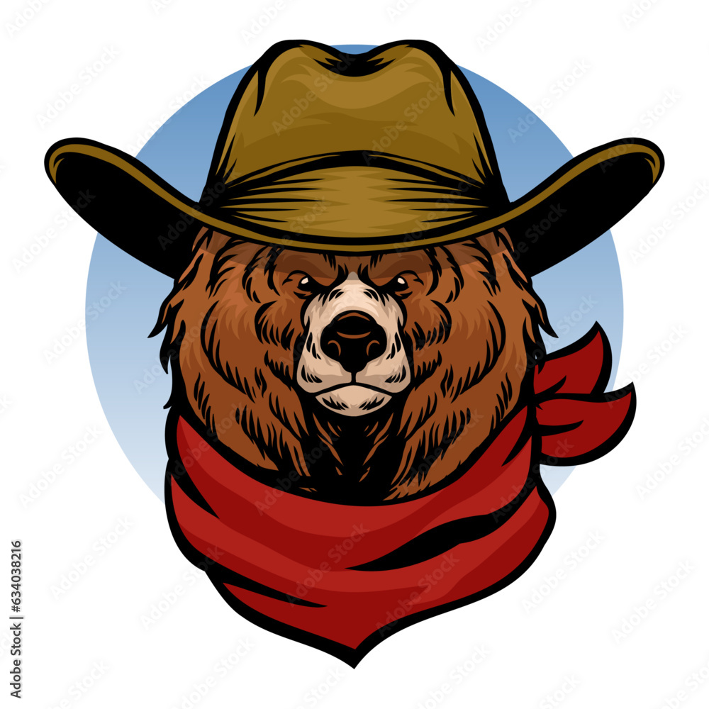 Vector Illustration of Cowboy Bear Wearing Bandana in Vintage Style in Full Color