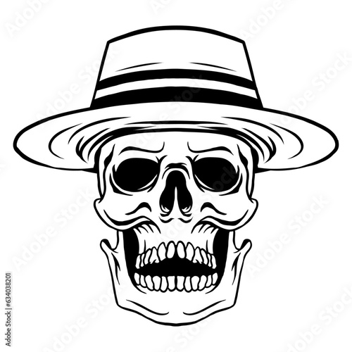 black and white Illustration Of Skull Wearing Strawhat In Vintage Logo Style 