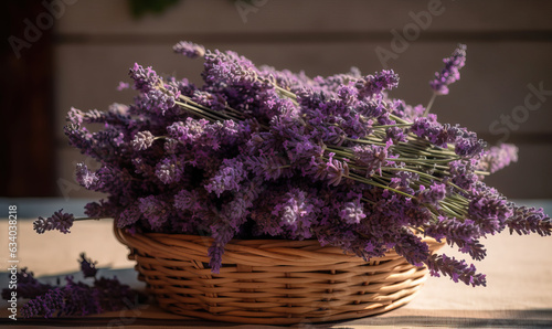 Collected lavender in a basket on the table.