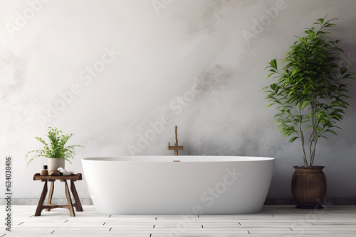 Modern bathroom Scandinavian interior with white tub  table and plants. Empty neutral grey wall for mockup. Promotion background.