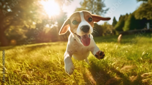 Beagle puppy running on grass lawn with shining sunlight in the background