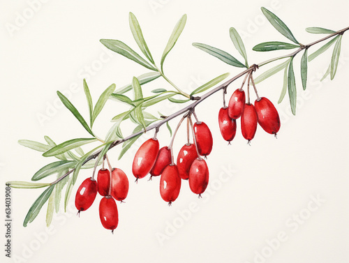 A Minimal Watercolor Painting of Goji Berries Growing on a Farm