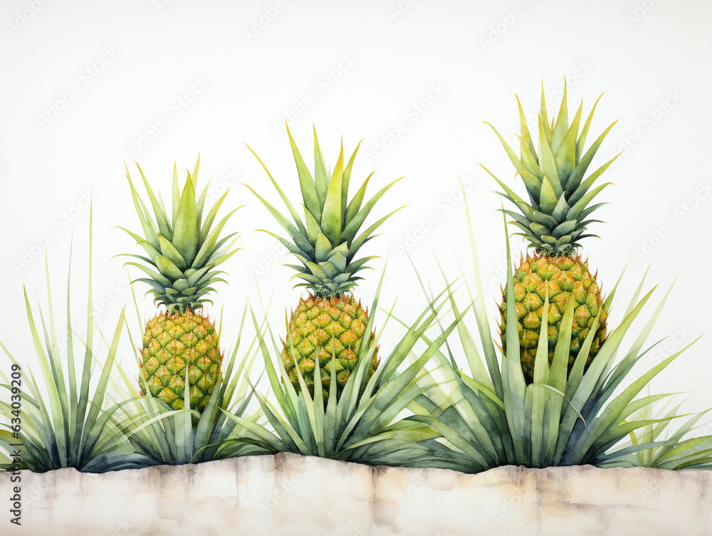 Fototapeta premium A Minimal Watercolor Painting of Pineapples Growing on a Farm