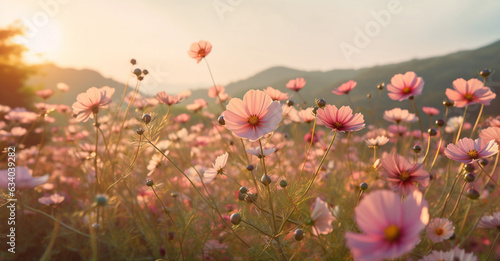 flower pink blooming sky sunset nature field beautiful meadow violet background. Generative AI. © VICHIZH