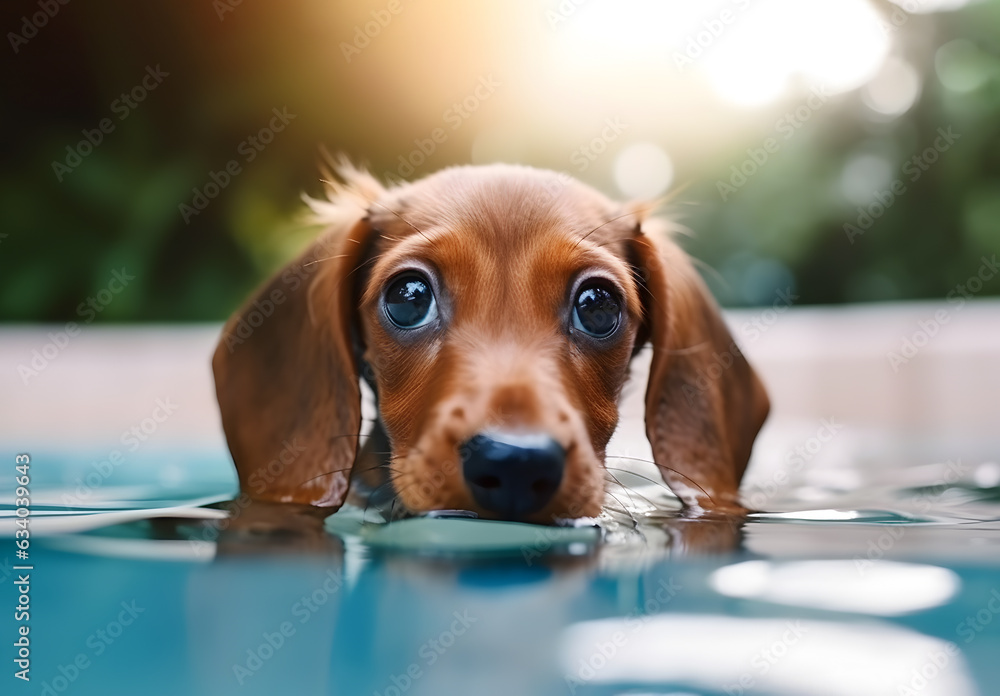 Brown dachshund swim in the pool in summer.