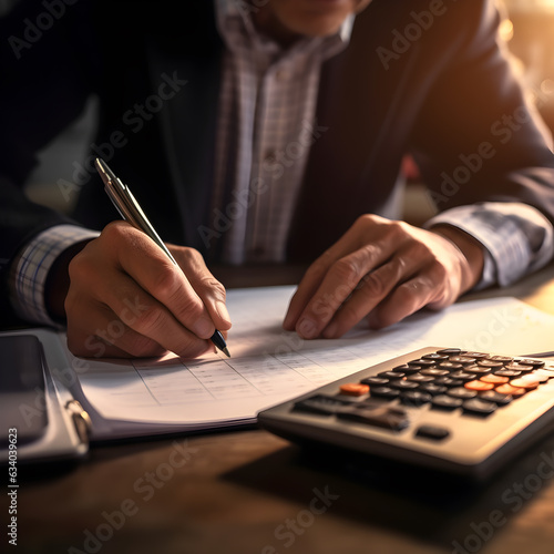 Side view of man's hands. He is using his calculator and writing numbers down.