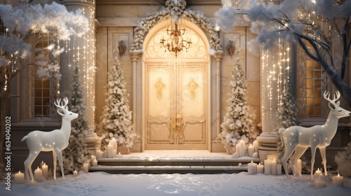 the enchanting beauty of a snow-covered garden adorned with glimmering holiday decorations, such as sparkling snowflake ornaments, and fairy lights wrapped around trees