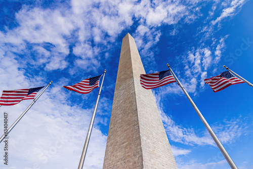 United States flags around the Washington Monument in Washington DC