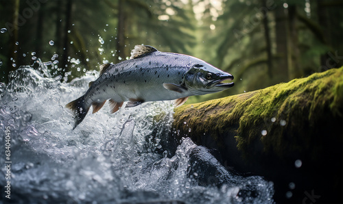 Wild Chinook salmon fish jumping out of river water in a forest