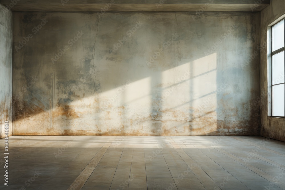 Empty room and wall and wooden floor with interesting with glare from the window. Interior background for the presentation. Generative AI Empty room and wall and wooden floor with interesting with glare from the window. Interior background for the presentation. Generative AI