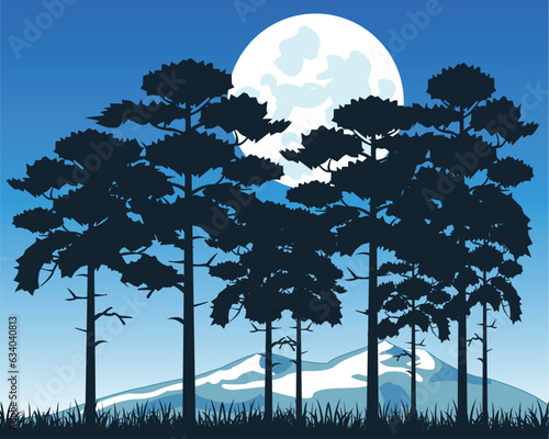 Landscape wood and mountains moon in the night