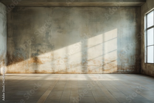 Empty room and wall and wooden floor with interesting with glare from the window. Interior background for the presentation. Generative AI