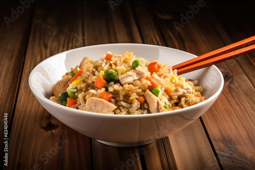Fried rice with succulent chicken and colorful vegetables in a white ceramic bowl on a wooden table, capturing the mouthwatering essence of Asian cuisine.