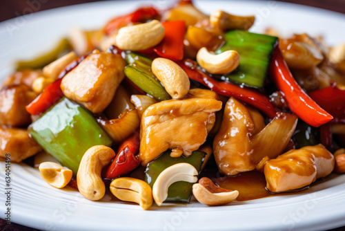 Kung Pao Chicken with Vegetables and Cashews on a White Plate: A Gourmet Chinese Cuisine Meal with Traditional Asian Flavors and Spicy Stir-Fry.