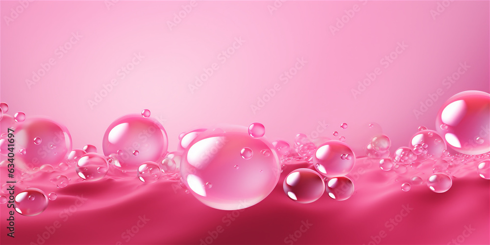 Bright pink transparent soap bubbles on pink background, ai generated