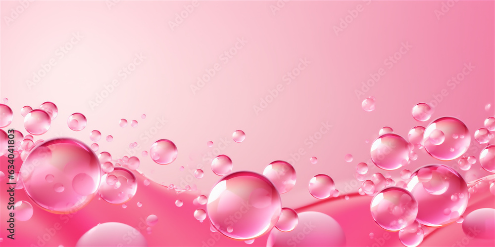 Bright pink transparent soap bubbles on pink background, ai generated