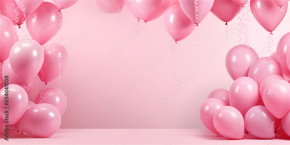 Abstammt pink background with flying pink balloons, copy space, ai generated
