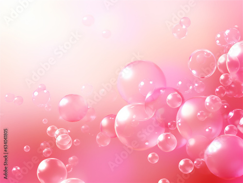 Pastel pink transparent soap bubbles on pink background, ai generated