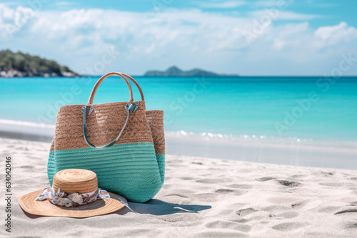 Straw bag and hat on the beach with blue sea and sky background