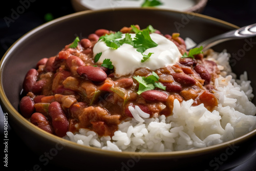 Red beans and rice topped with sour cream and diced tomatoes, a delicious and hearty Tex-Mex, Southern cuisine dish with a close-up spoonful.