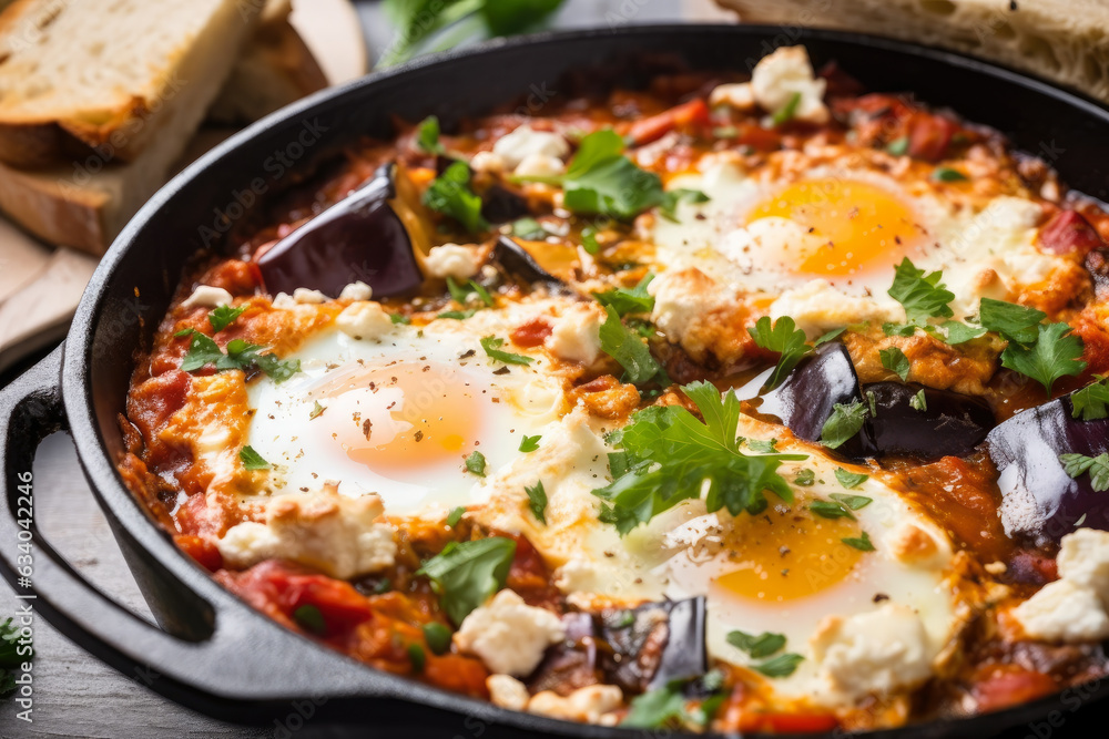 Shakshuka with crispy baked eggplant and feta cheese, a delicious, protein-packed, and vibrant Middle Eastern brunch dish. Shakshuka with crispy baked eggplant and feta cheese, a delicious, protein-packed, and vibrant Middle Eastern brunch dish.
