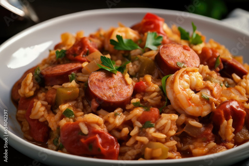 Spicy Jambalaya featuring Andouille Sausage, Shrimp, and Tomatoes on a decorative plate captures the Cajun flavors, with a touch of Creole influence, served alongside a bed of flavorful rice.