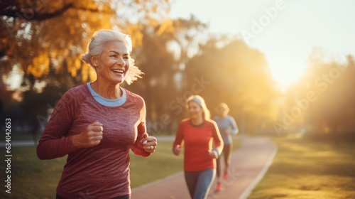 A senior woman and her friends are running for health in the morning sunrise at park.