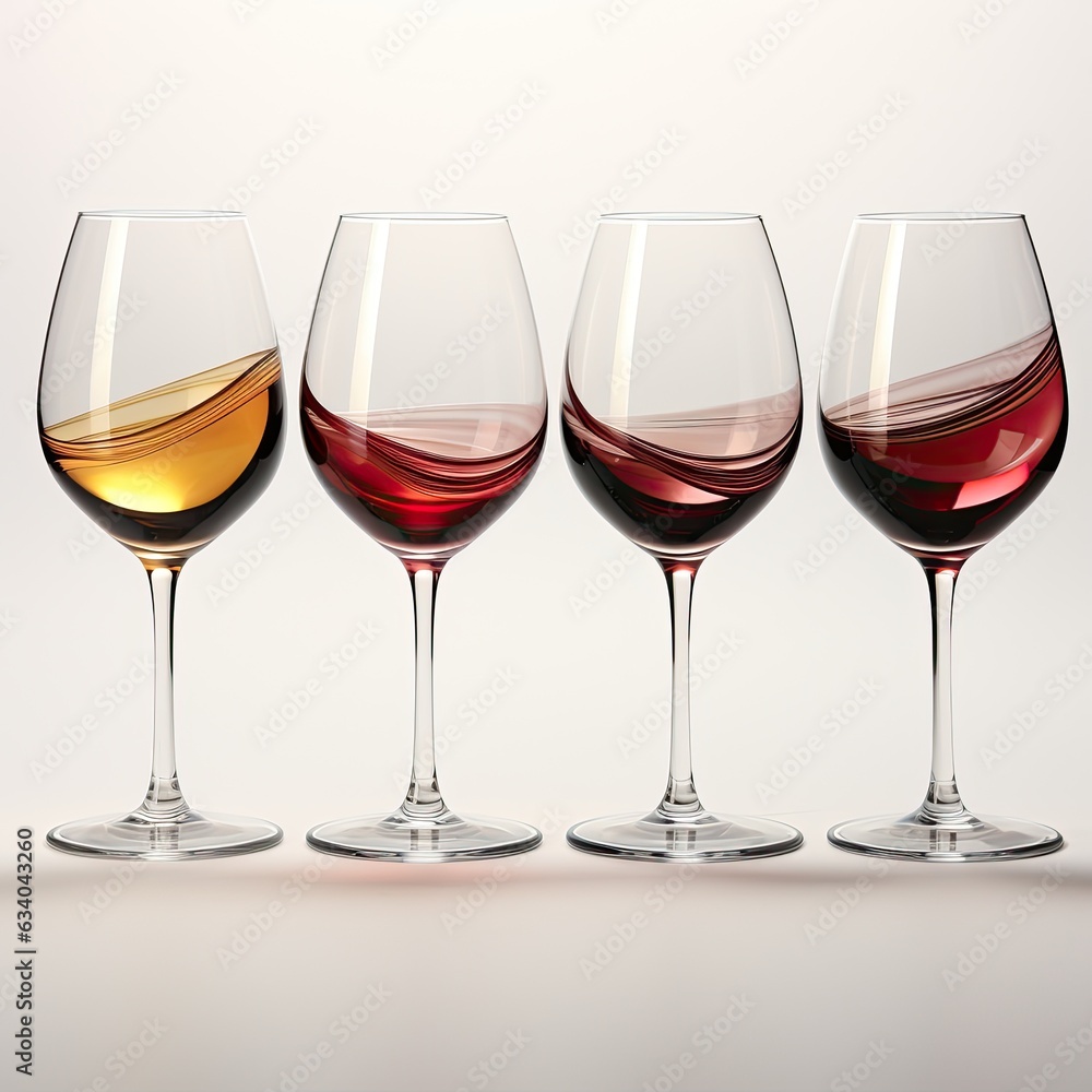 Set of wine glasses. Beautiful elegant wine glasses with white, red and