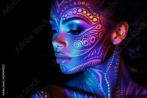 Portrait of woman with ethnic pattern neon makeup in ultraviolet
