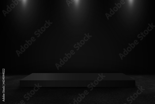 Product showcase with black stand podium on dark room background. Use as montage for product display