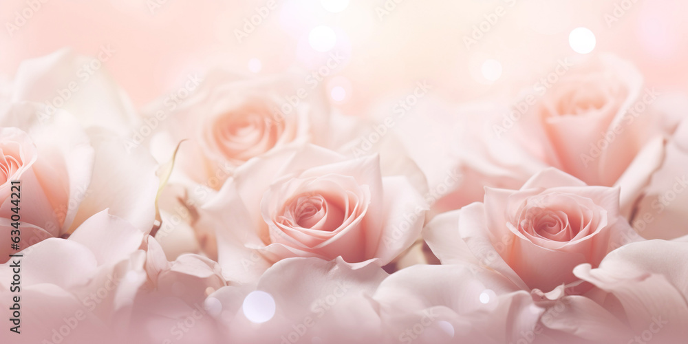 Beautiful banner-style image featuring pink roses up close. Petals' softness and fresh nature evoke romance and beauty, ideal for weddings.