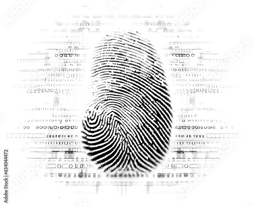 Black and white fingerprint surrounded by faint data lines concept, computer generated fingerprint, not an actual person photo