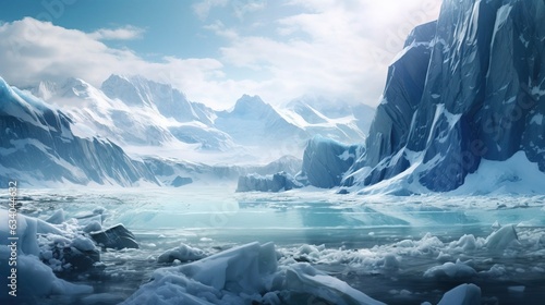 A majestic glacier and an icy sea. Created using Generative AI technology.