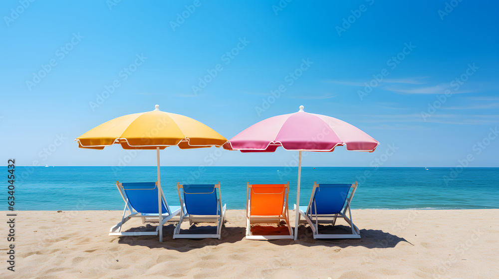 Beach beds colorful umbrella and sand on sea shore in summer
