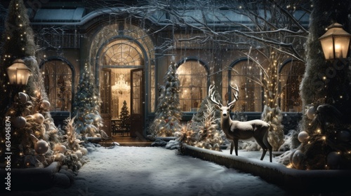the enchanting beauty of a snow-covered garden adorned with glimmering holiday decorations  such as sparkling snowflake ornaments  and fairy lights wrapped around trees