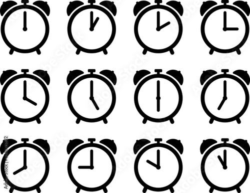 シンプルな目覚まし時計のアイコンの12時間セット（alarm clock icon）