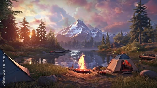 beautiful landscape camping in the mountains background.  seamless looping time-lapse virtual 4k video animation background.