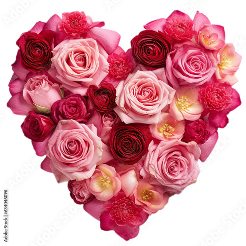Heart of red and pink roses isolated on transparent background.