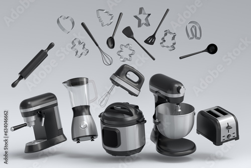Kitchen appliances and utensils for making breakfast on white background