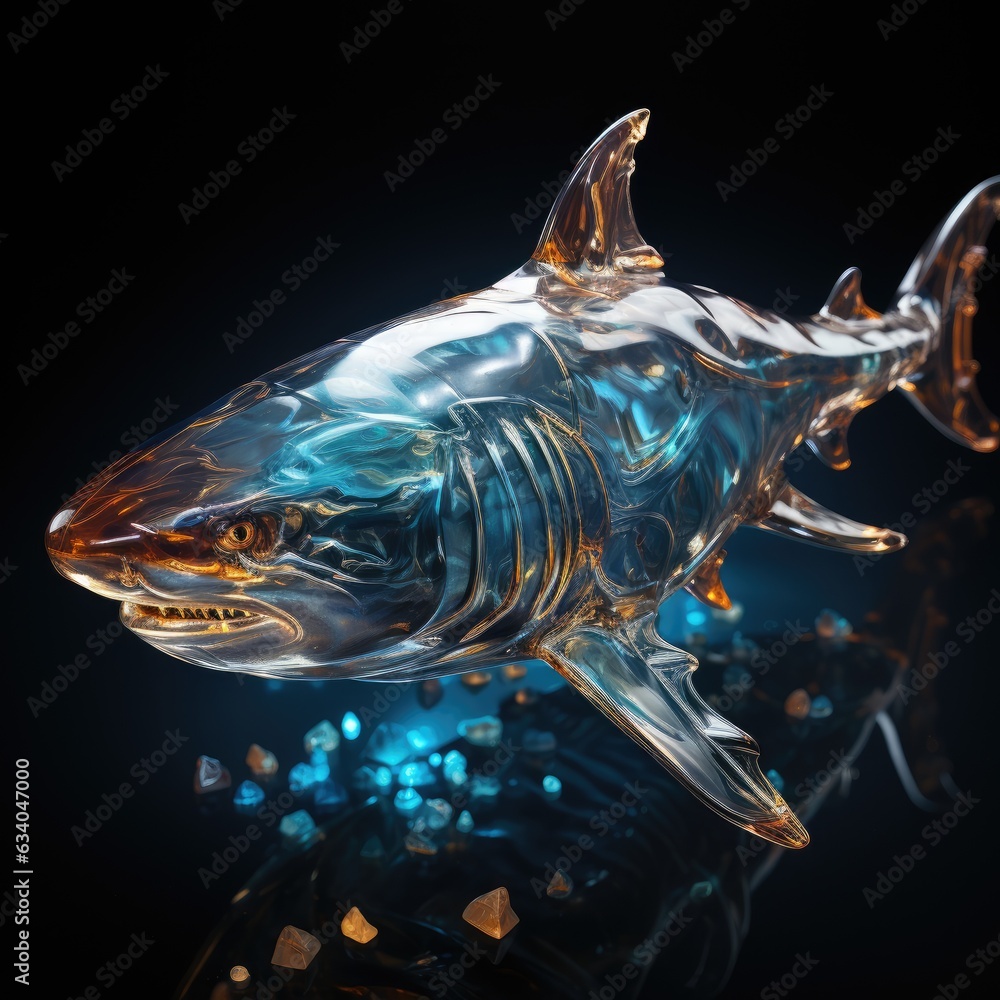 Bioluminescent shark 3d illustration. Luminescent shark model print. 3d