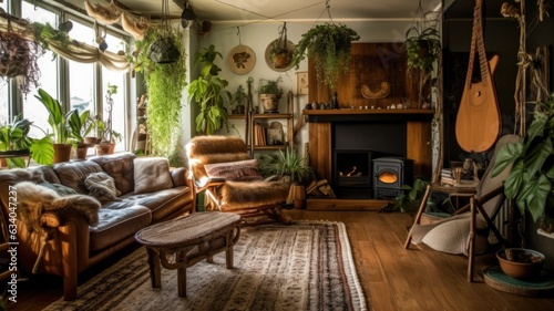 Living room decor, home interior design . Rustic Bohemian style with Fireplace decorated with Wood and Textiles material . Generative AI AIG26. photo